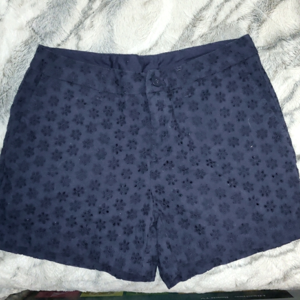 Navy eyelet cut out shirts, Sz10